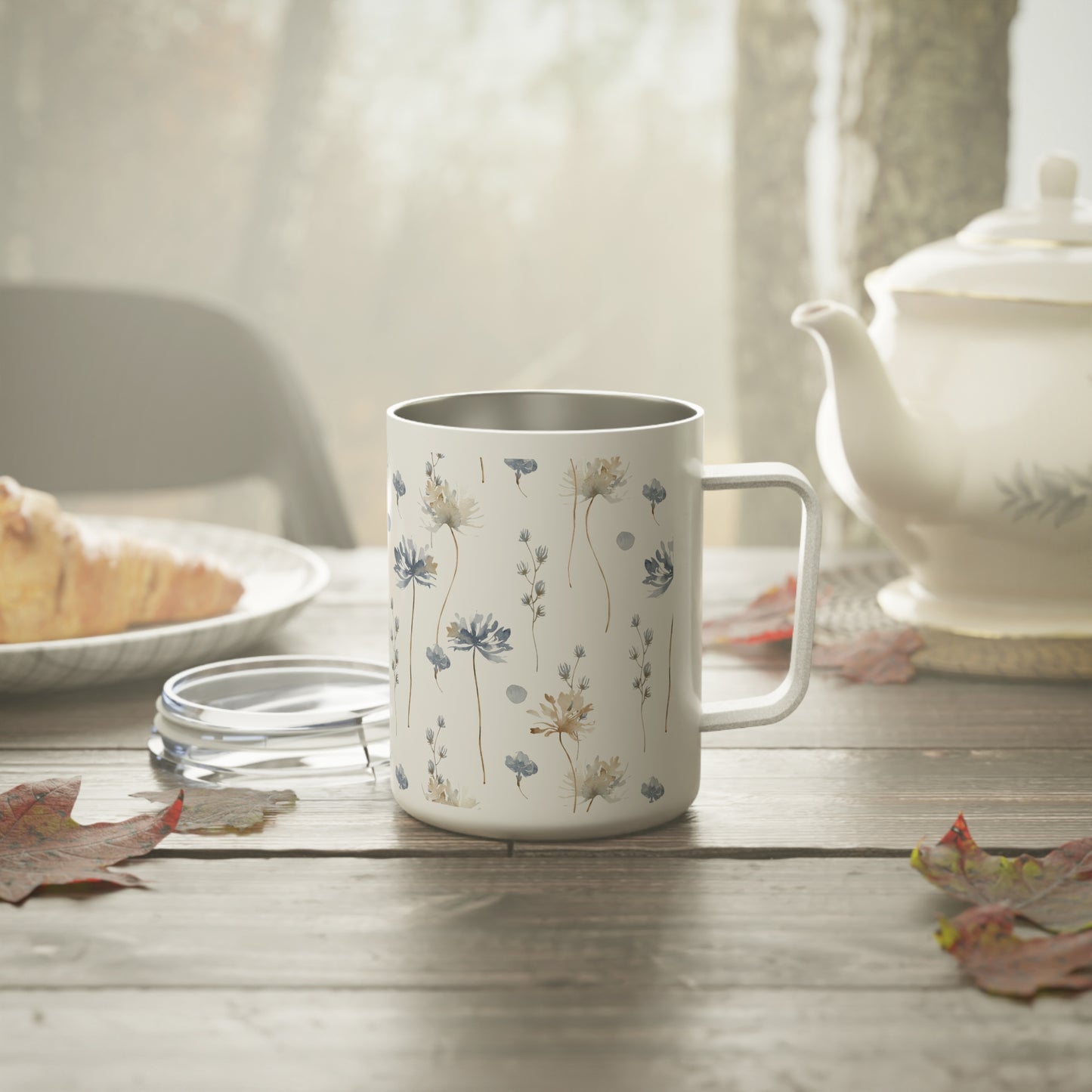 Insulated Coffee Mug with Lid - Tea Mug - Flower Pattern