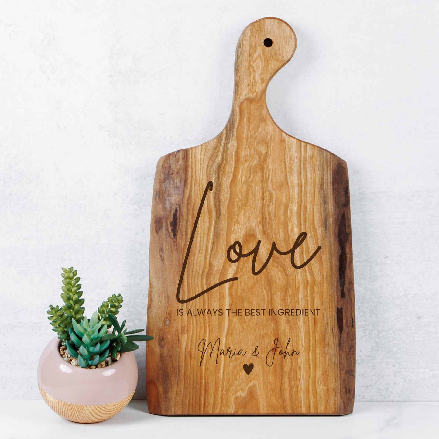 Personalized Live Edge Artisan Wood Serving Board "Love is Always the Best Ingredient"