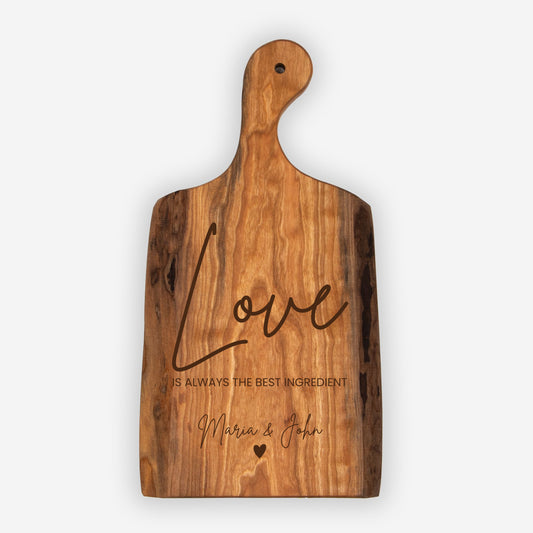 Personalized Live Edge Artisan Wood Serving Board "Love is Always the Best Ingredient"